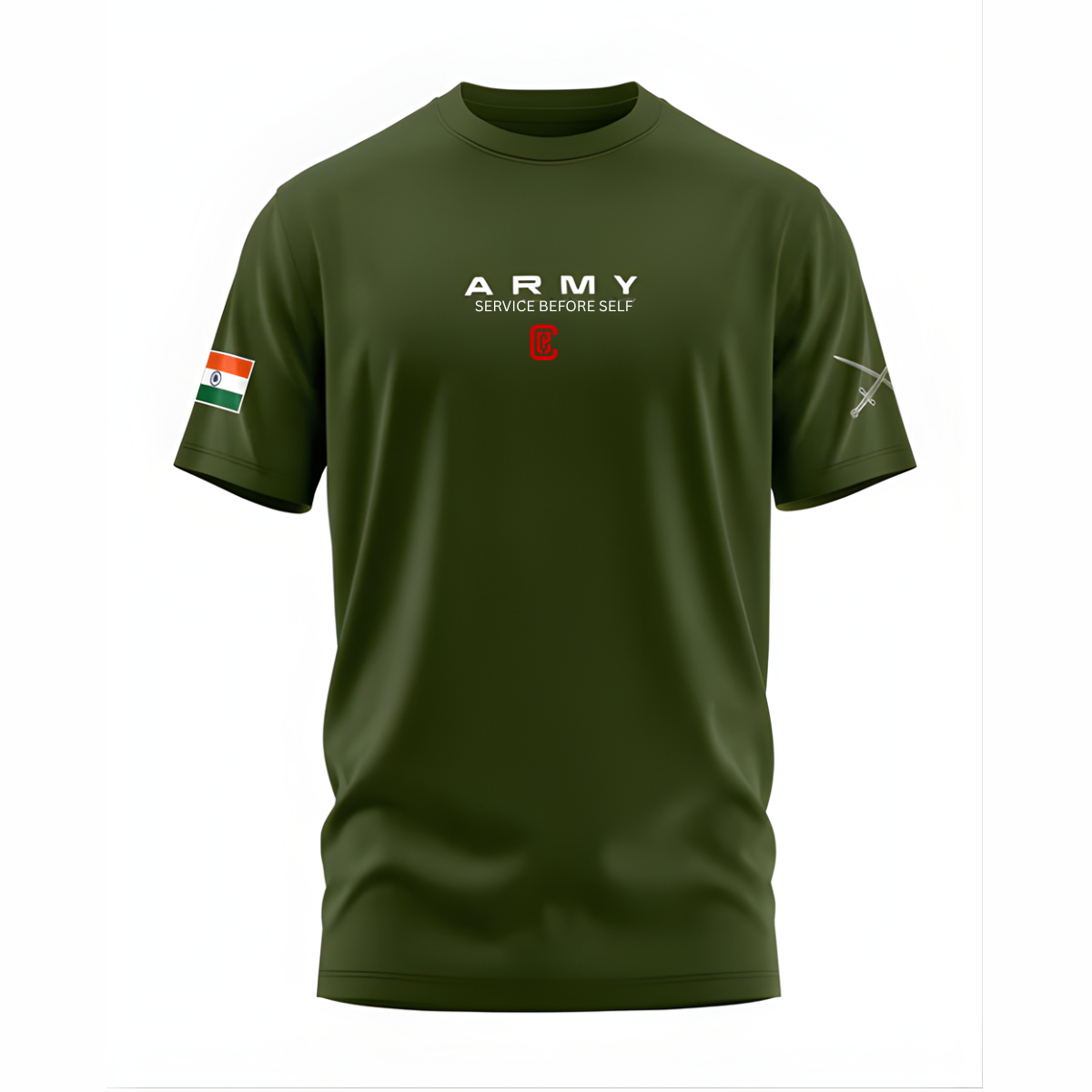 Green t-shirt with 'ARMY' text and logos on a white background