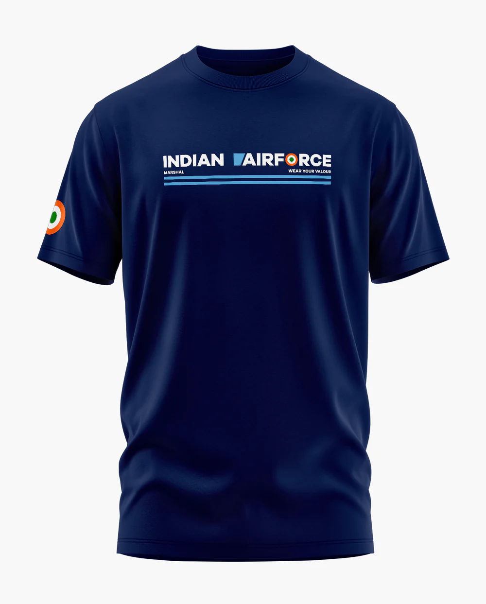 Navy blue t-shirt with 'Indian Air Force' text and logo on a white background