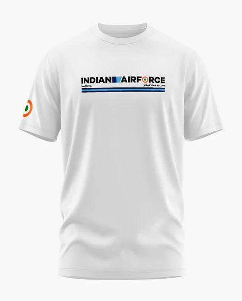 White t-shirt with 'Indian Air Force' text and logo on a white background