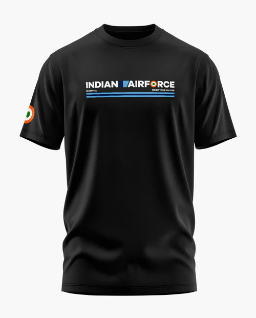 Black t-shirt with 'Indian Air Force' text and logo on a white background
