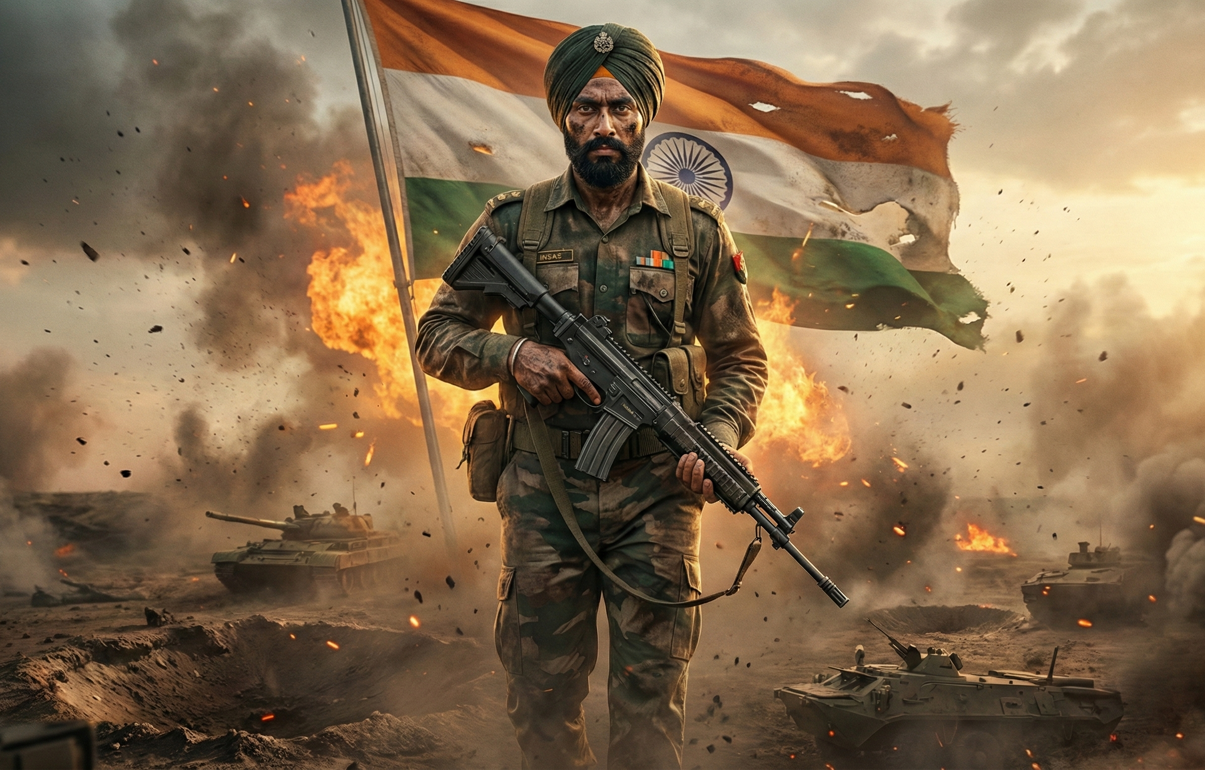 Soldier holding a rifle with an Indian flag in a war-torn background