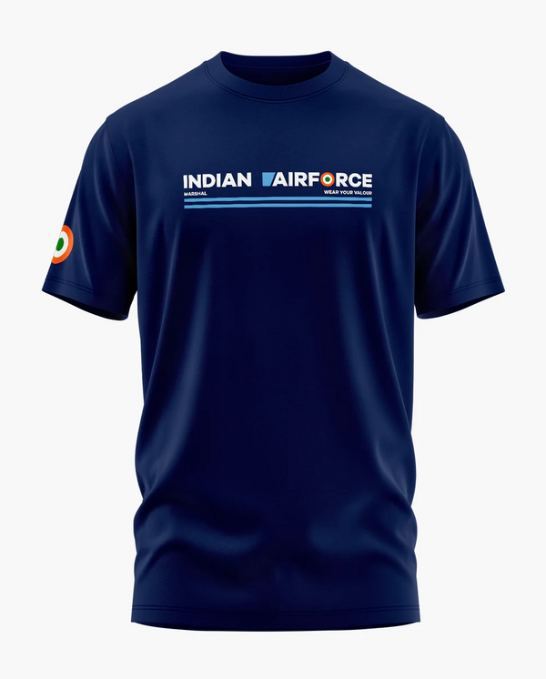 Navy blue t-shirt with 'Indian Air Force' text and logo on a white background