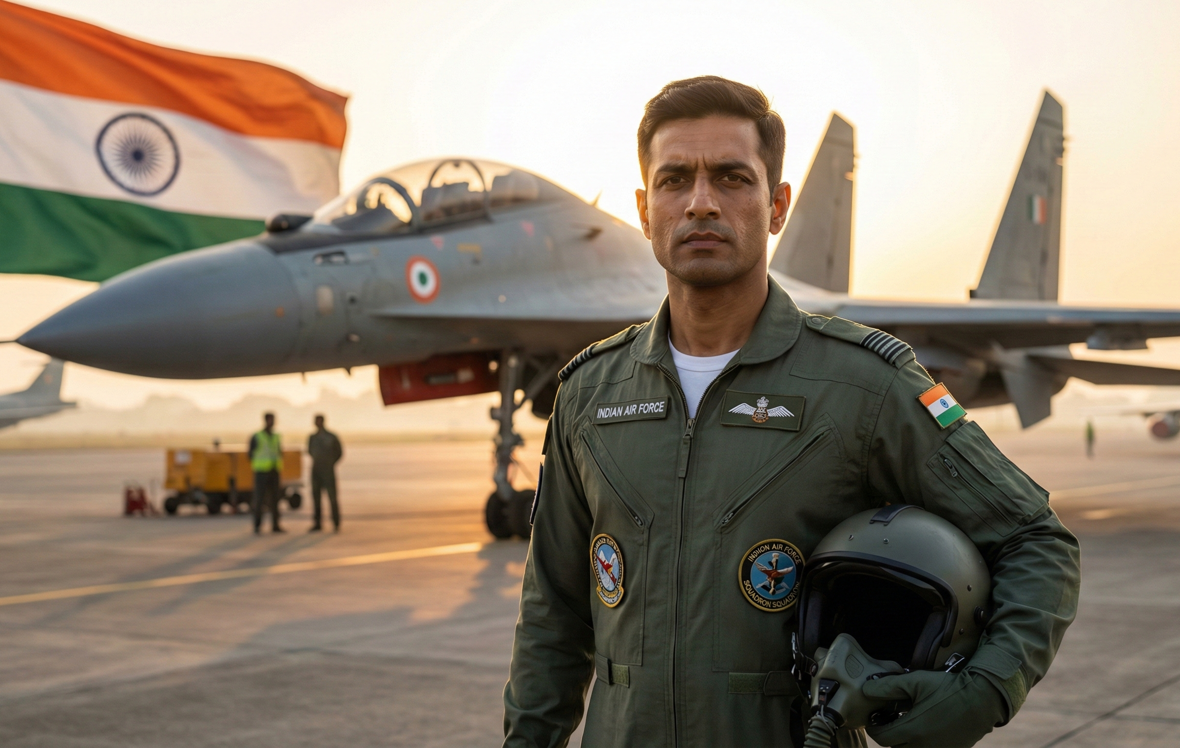 Person in military uniform holding a helmet with fighter jets and Indian flag in the background