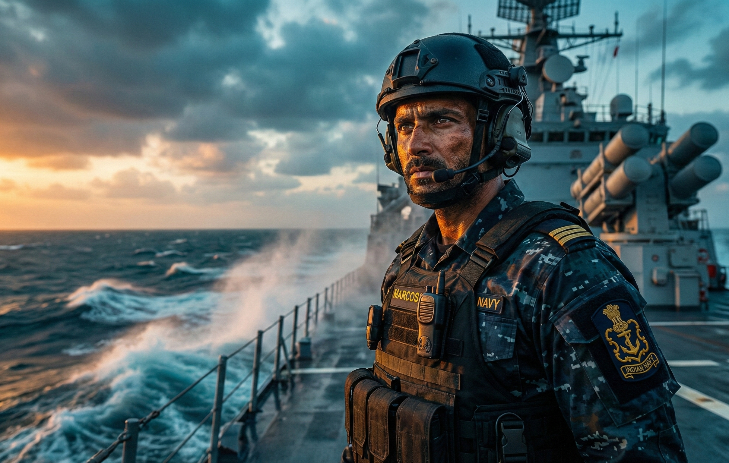 Person in military gear on a ship with a dramatic sky and ocean.