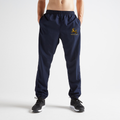 Navy blue sweatpants with a logo on a white background